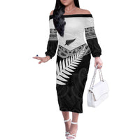 New Zealand Silver Fern Family Matching Off The Shoulder Long Sleeve Dress and Hawaiian Shirt Maori Koru Mixed Taniko Pattern