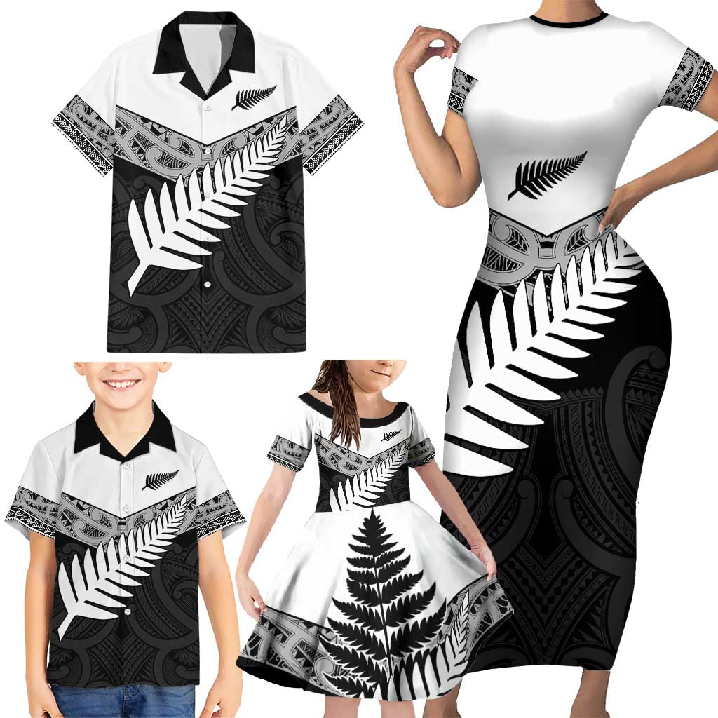 New Zealand Silver Fern Family Matching Short Sleeve Bodycon Dress and Hawaiian Shirt Maori Koru Mixed Taniko Pattern