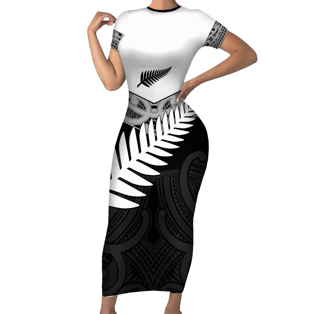 New Zealand Silver Fern Family Matching Short Sleeve Bodycon Dress and Hawaiian Shirt Maori Koru Mixed Taniko Pattern