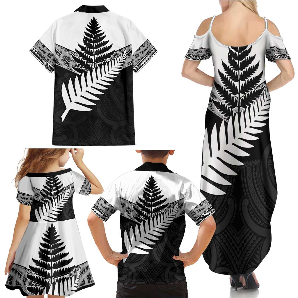 New Zealand Silver Fern Family Matching Summer Maxi Dress and Hawaiian Shirt Maori Koru Mixed Taniko Pattern