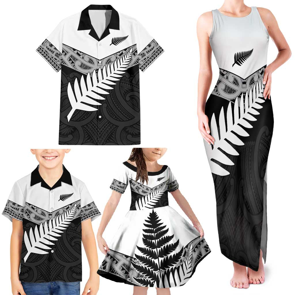 New Zealand Silver Fern Family Matching Tank Maxi Dress and Hawaiian Shirt Maori Koru Mixed Taniko Pattern