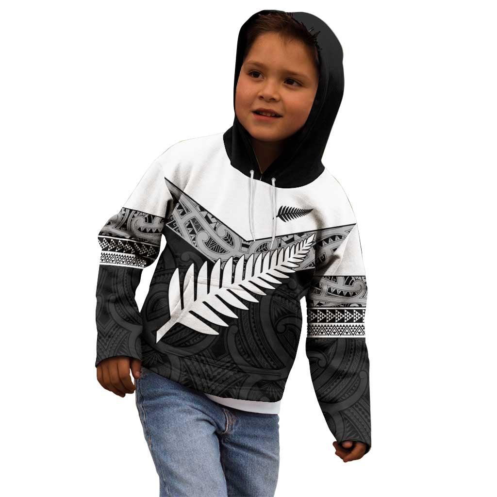 New Zealand Silver Fern Kid Hoodie Maori Koru Mixed Taniko Pattern