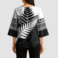 New Zealand Silver Fern Kimono Sleeve Blouse Maori Koru Mixed Taniko Pattern - Polynesian Pride