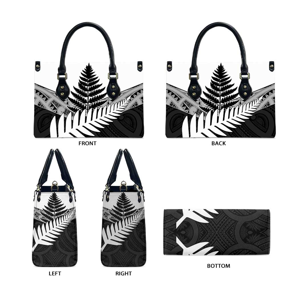 New Zealand Silver Fern Leather Bag Maori Koru Mixed Taniko Pattern - Polynesian Pride