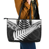 New Zealand Silver Fern Leather Tote Bag Maori Koru Mixed Taniko Pattern