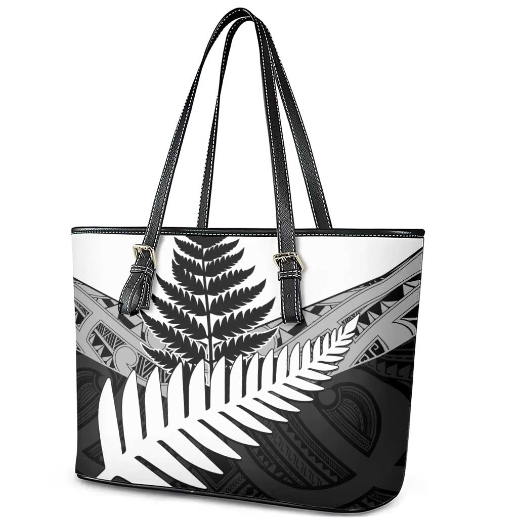 New Zealand Silver Fern Leather Tote Bag Maori Koru Mixed Taniko Pattern