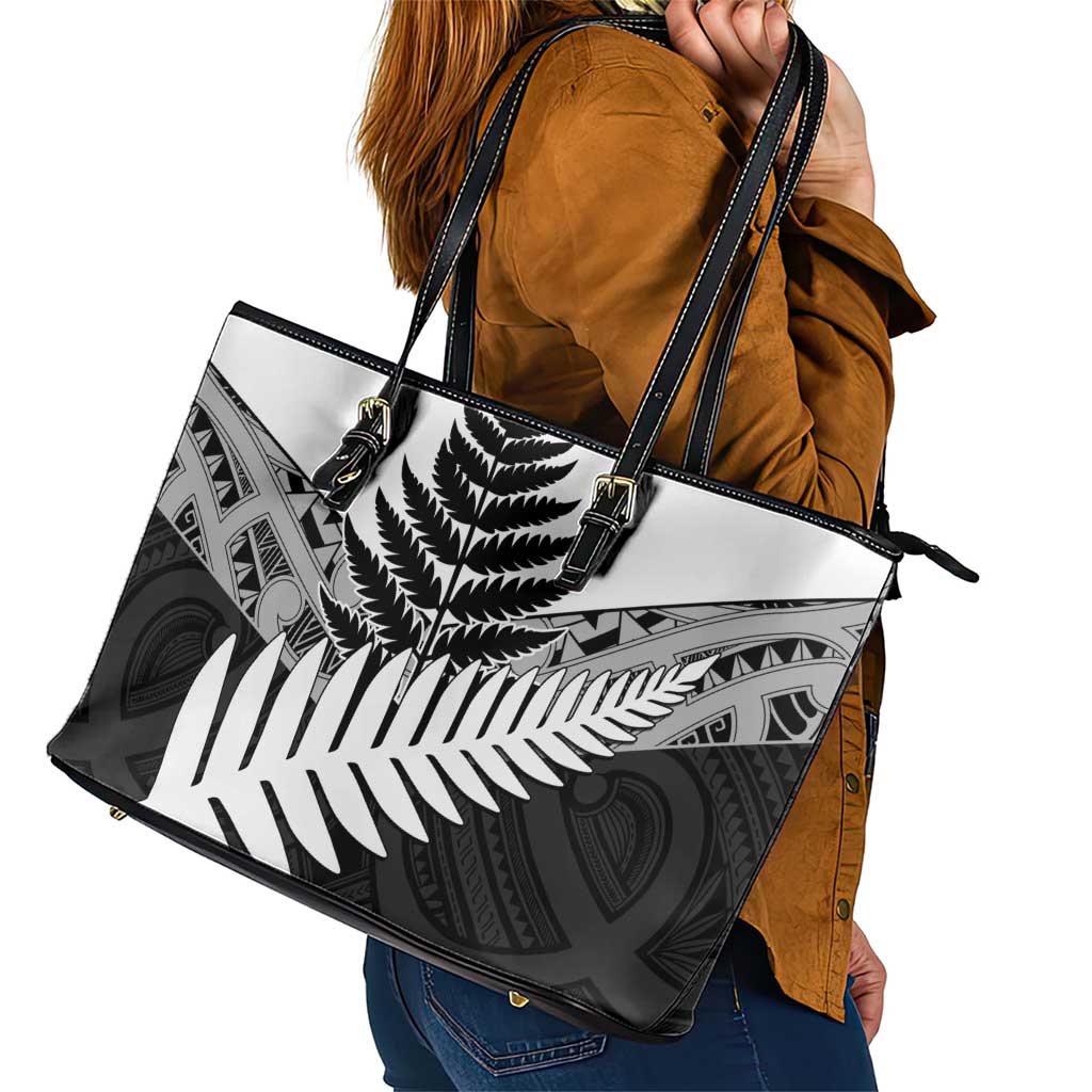 New Zealand Silver Fern Leather Tote Bag Maori Koru Mixed Taniko Pattern
