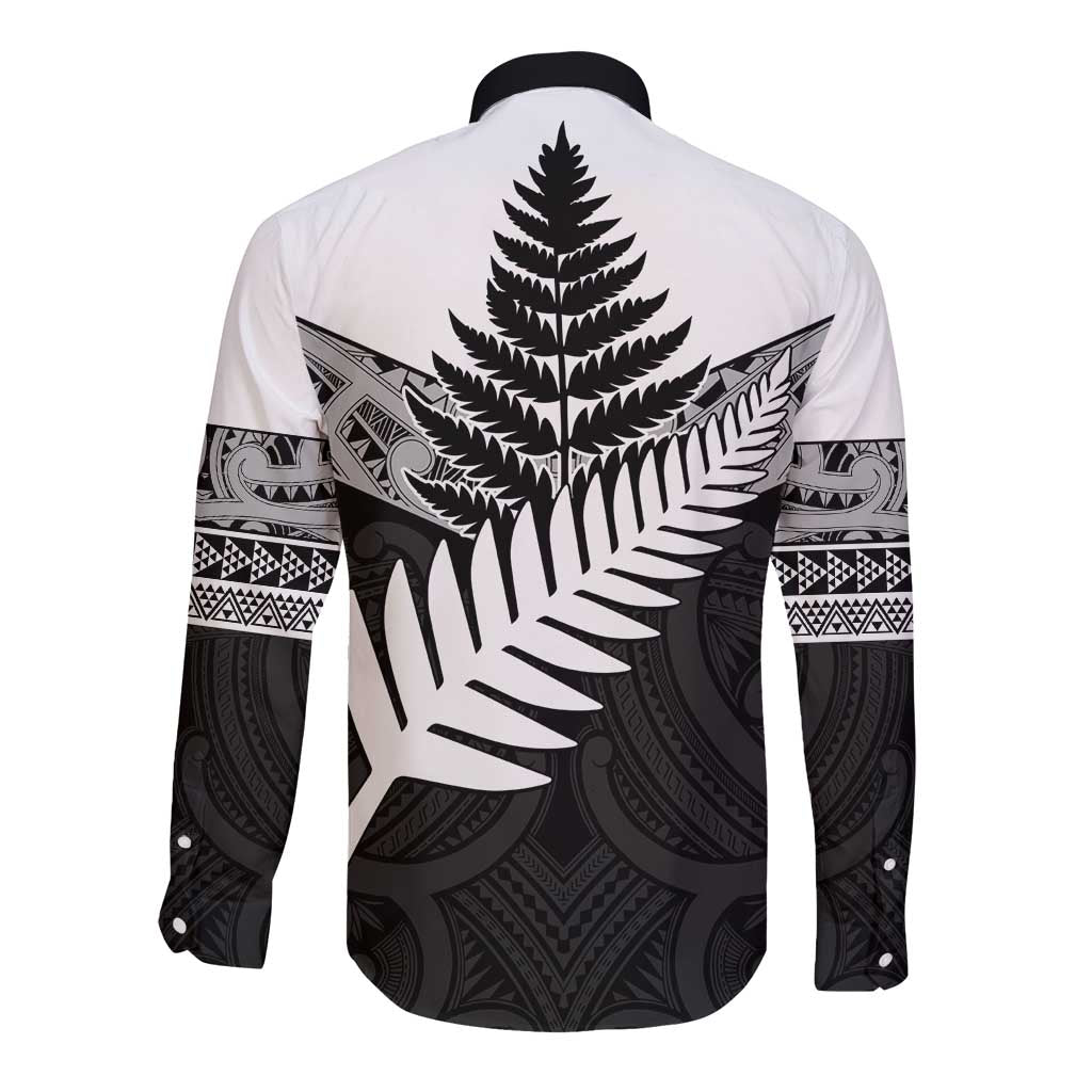 New Zealand Silver Fern Long Sleeve Button Shirt Maori Koru Mixed Taniko Pattern