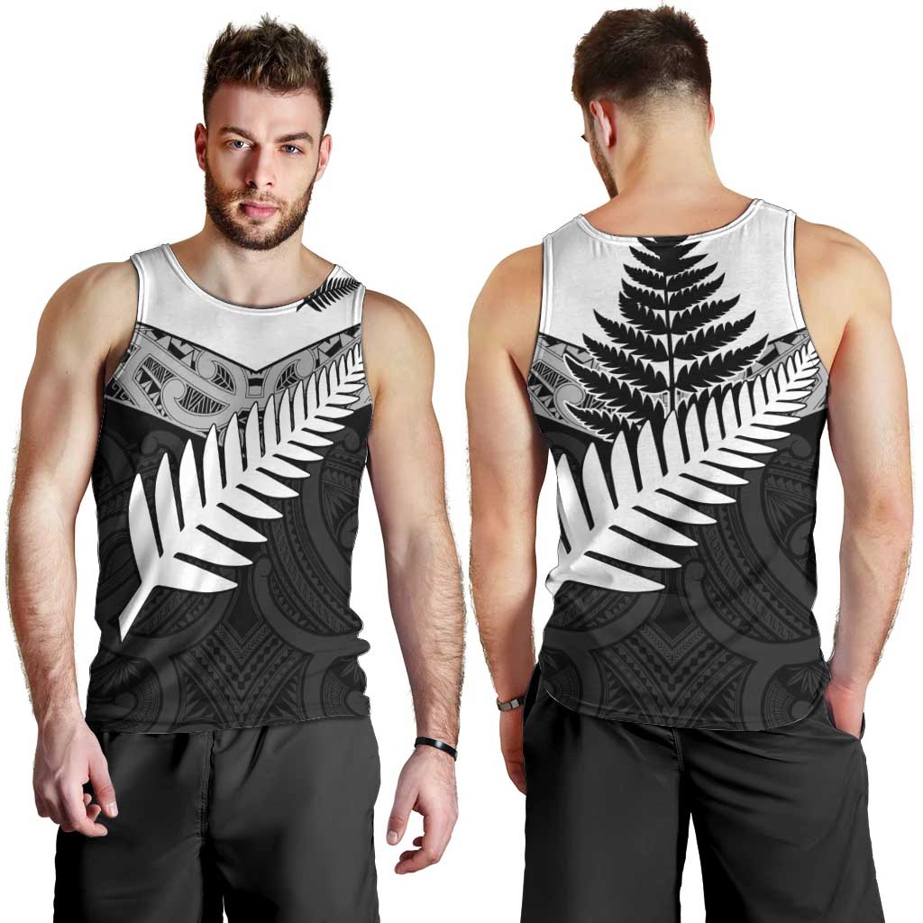 New Zealand Silver Fern Men Tank Top Maori Koru Mixed Taniko Pattern