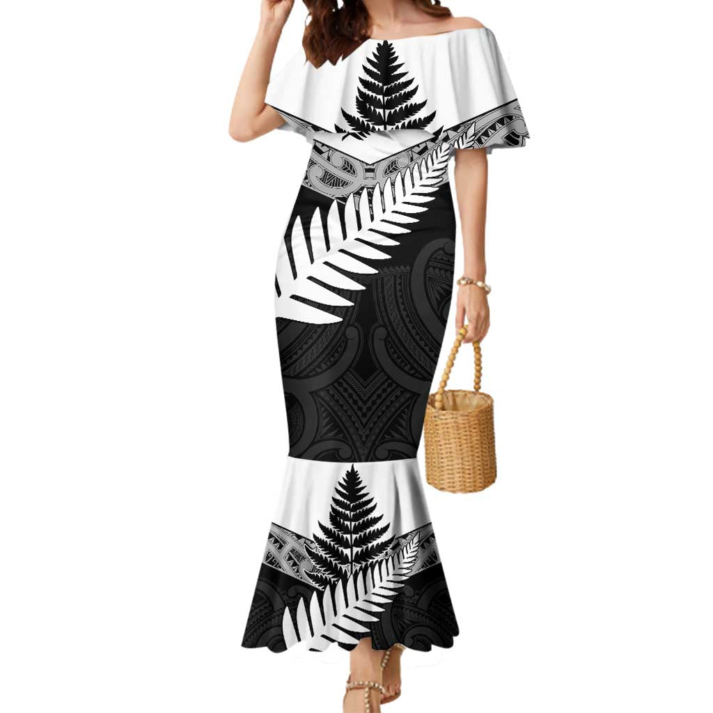 New Zealand Silver Fern Mermaid Dress Maori Koru Mixed Taniko Pattern
