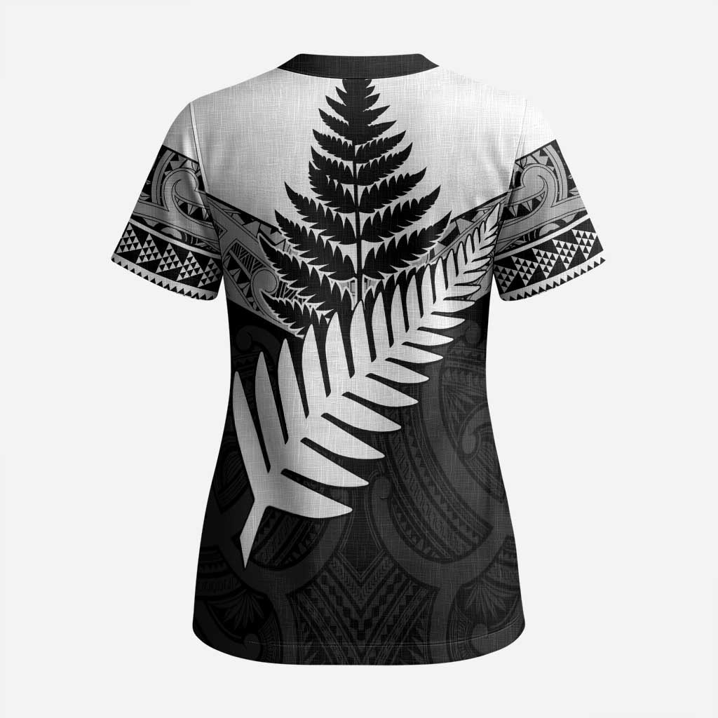 New Zealand Silver Fern Scrub Top Maori Koru Mixed Taniko Pattern - Polynesian Pride