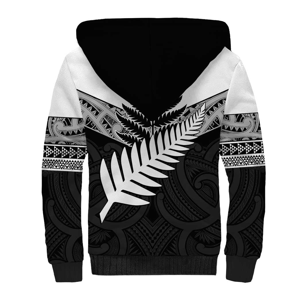 New Zealand Silver Fern Sherpa Hoodie Maori Koru Mixed Taniko Pattern