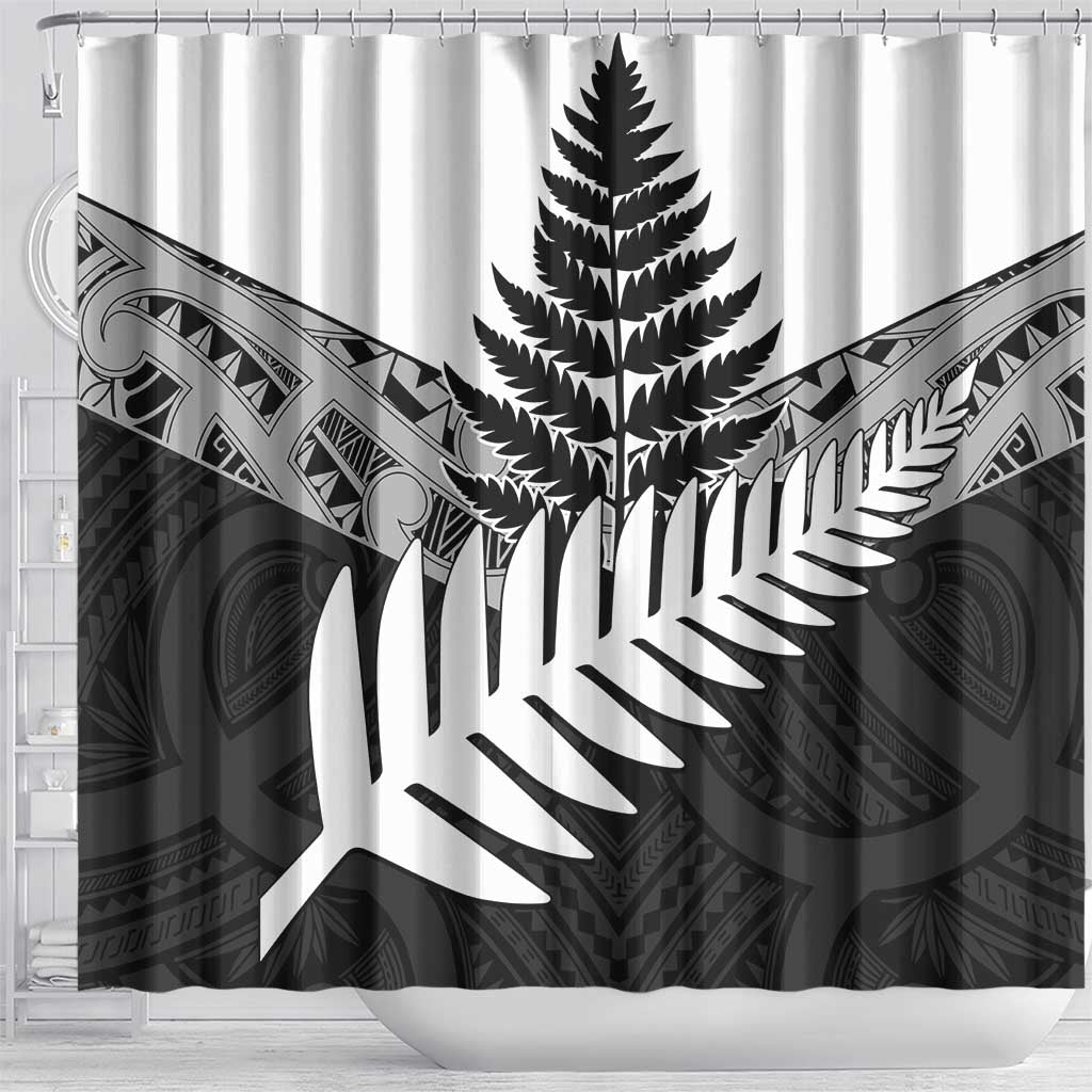 New Zealand Silver Fern Shower Curtain Maori Koru Mixed Taniko Pattern