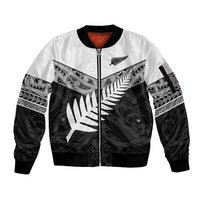 New Zealand Silver Fern Sleeve Zip Bomber Jacket Maori Koru Mixed Taniko Pattern