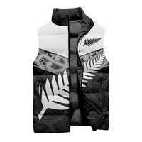 New Zealand Silver Fern Sleeveless Puffer Jacket Maori Koru Mixed Taniko Pattern - Polynesian Pride
