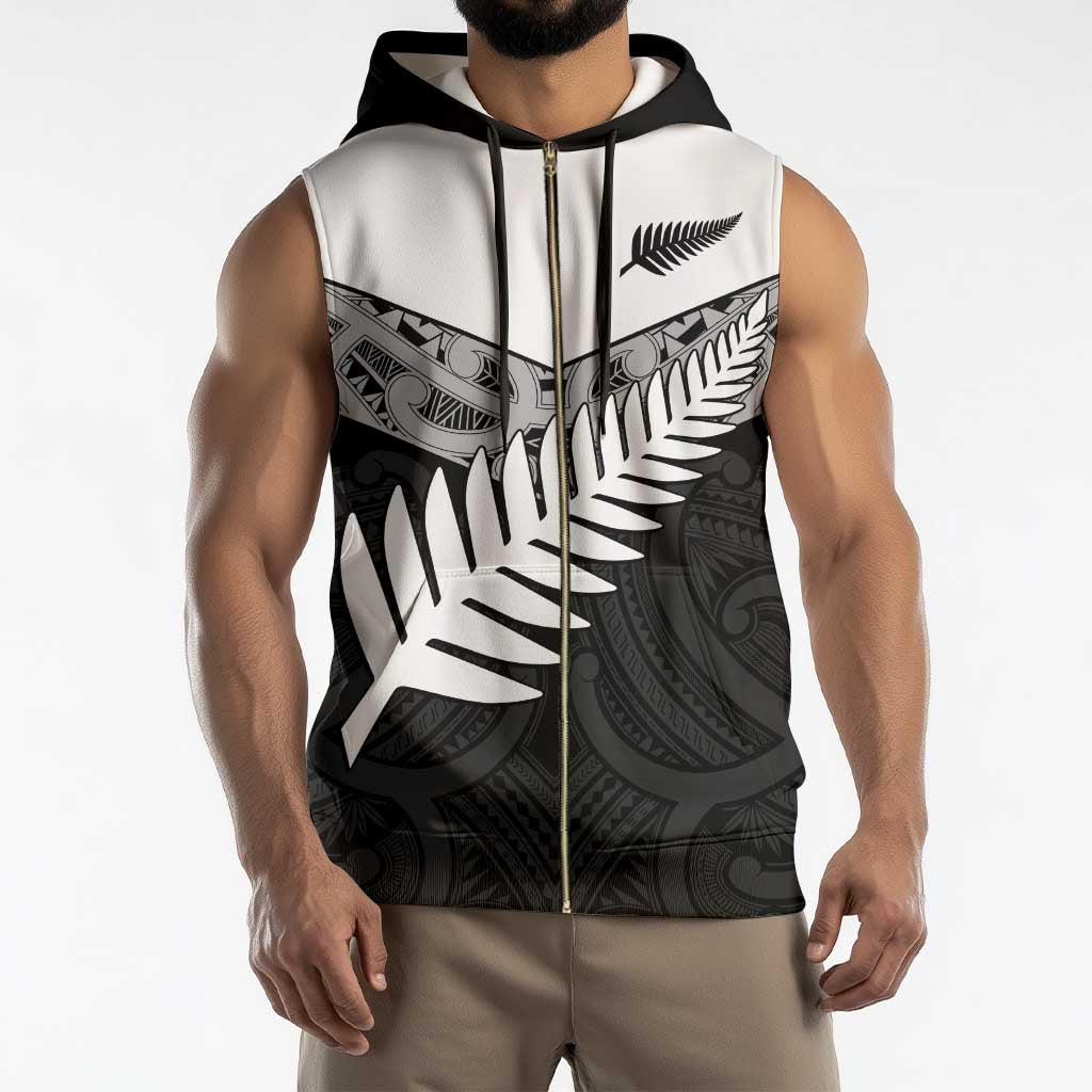 New Zealand Silver Fern Sleeveless Zip Hoodie Maori Koru Mixed Taniko Pattern - Polynesian Pride