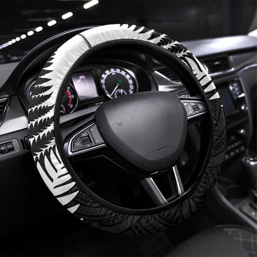 New Zealand Silver Fern Steering Wheel Cover Maori Koru Mixed Taniko Pattern