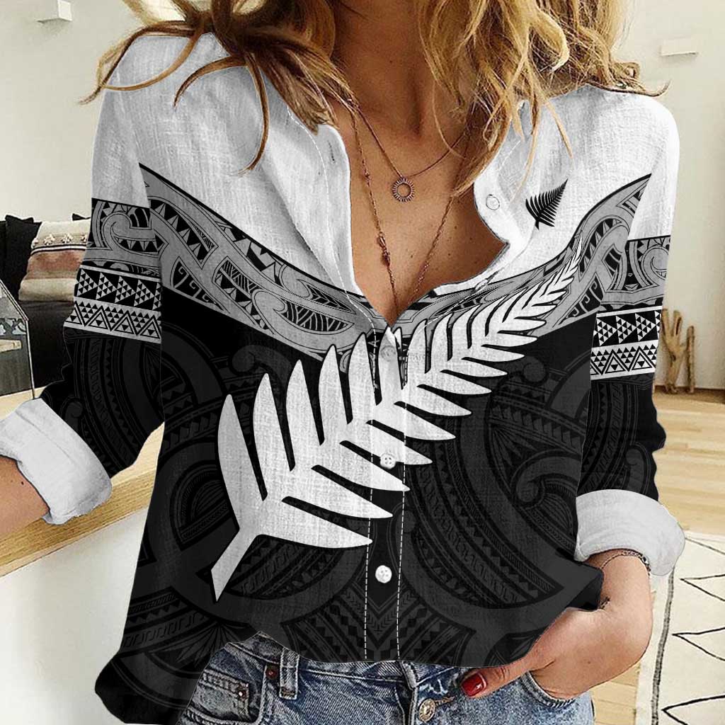New Zealand Silver Fern Women Casual Shirt Maori Koru Mixed Taniko Pattern