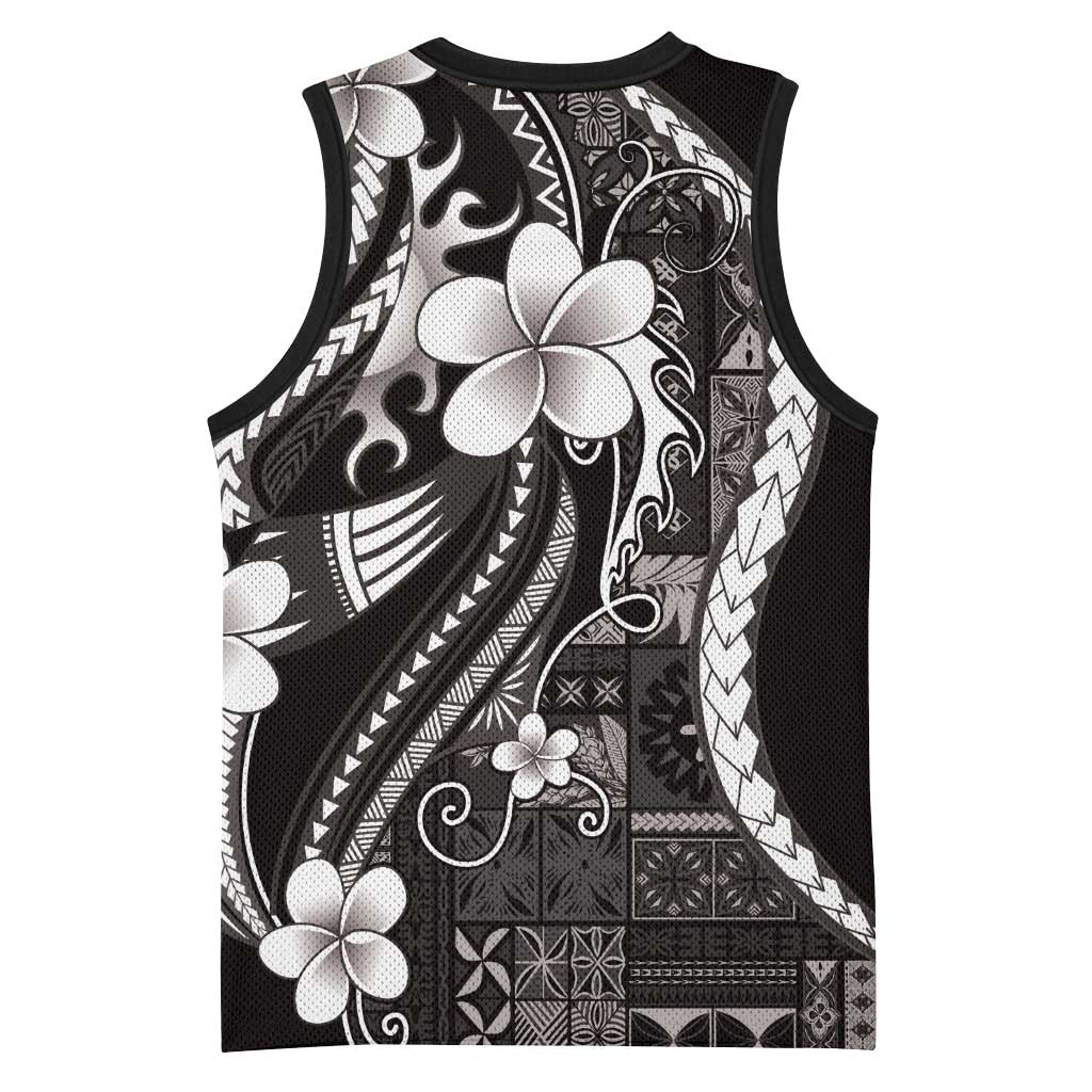Samoa Siapo Tribal Pattern Basketball Jersey Black Polynesian Plumeria Tapa Motif