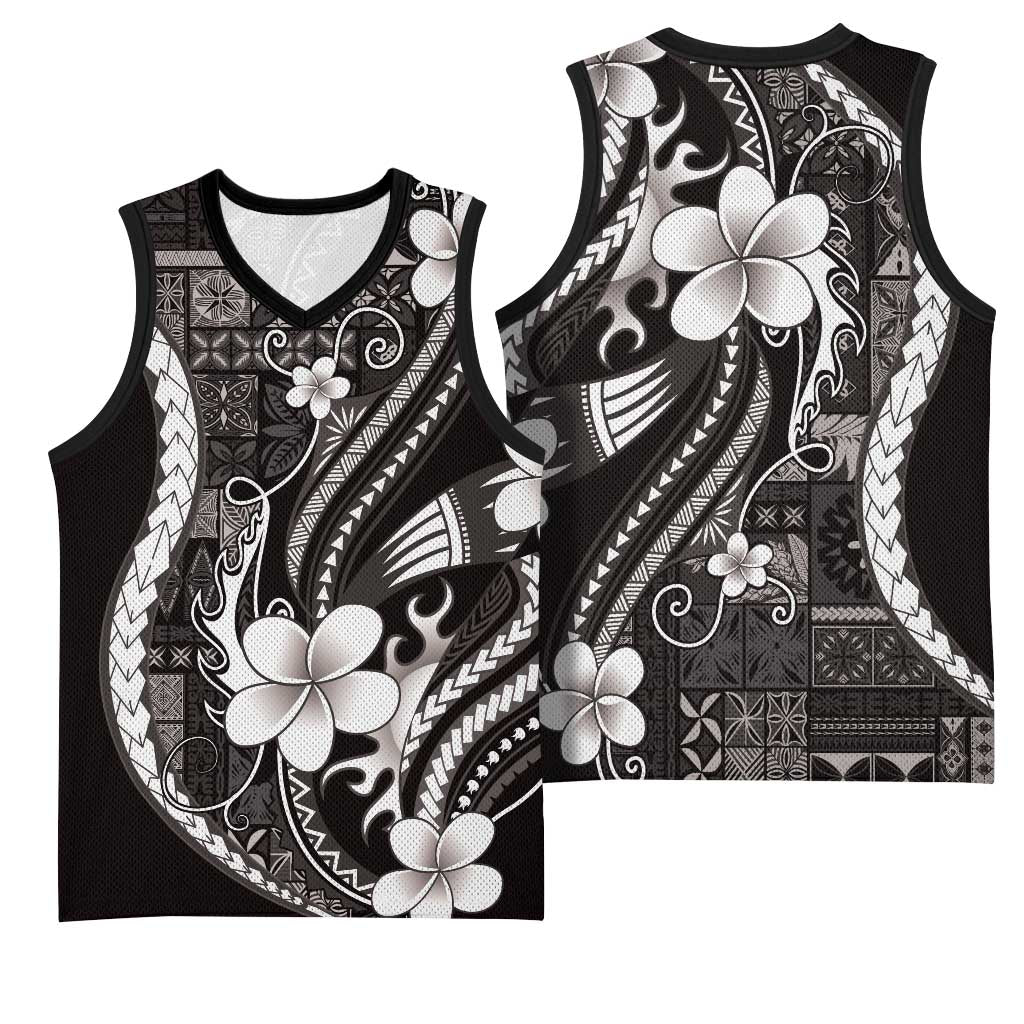 Samoa Siapo Tribal Pattern Basketball Jersey Black Polynesian Plumeria Tapa Motif