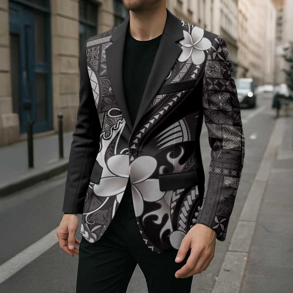 Samoa Siapo Tribal Pattern Blazer Black Polynesian Plumeria Tapa Motif