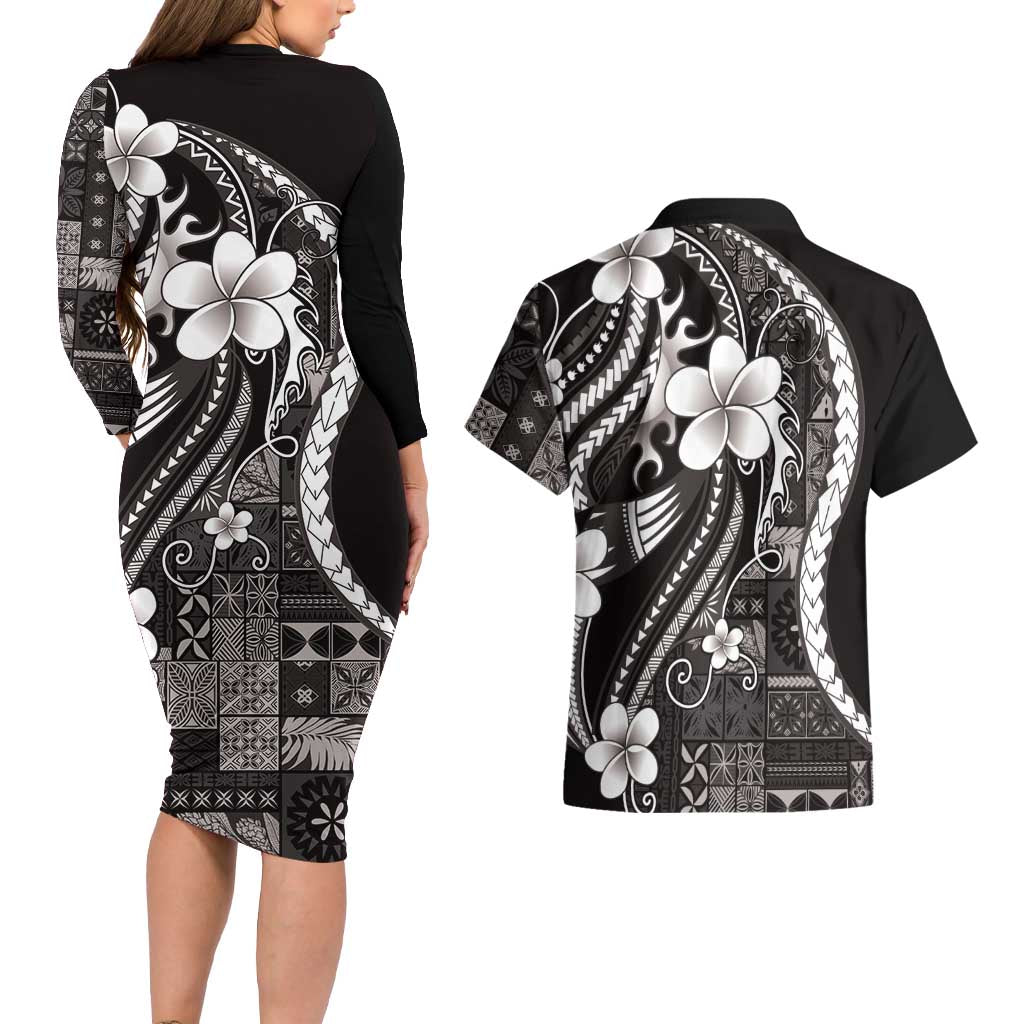 Samoa Siapo Tribal Pattern Couples Matching Long Sleeve Bodycon Dress and Hawaiian Shirt Black Polynesian Plumeria Tapa Motif