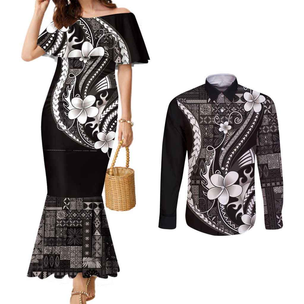 Samoa Siapo Tribal Pattern Couples Matching Mermaid Dress and Long Sleeve Button Shirt Black Polynesian Plumeria Tapa Motif LT9 Black - Polynesian Pride