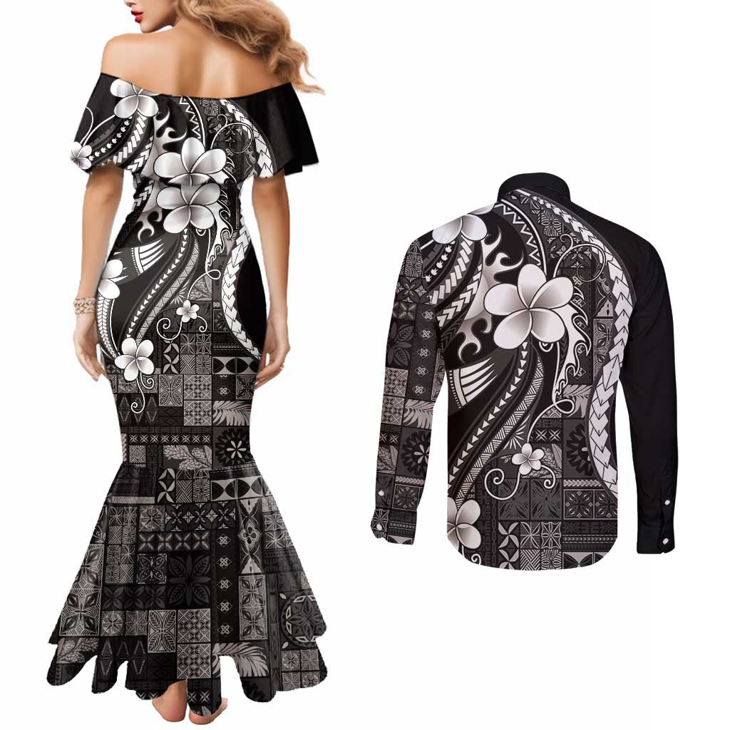 Samoa Siapo Tribal Pattern Couples Matching Mermaid Dress and Long Sleeve Button Shirt Black Polynesian Plumeria Tapa Motif LT9 - Polynesian Pride