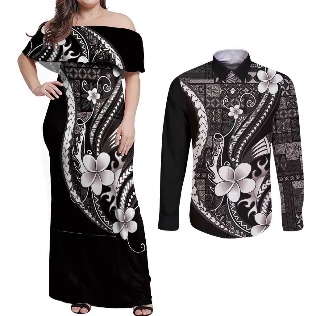 Samoa Siapo Tribal Pattern Couples Matching Off Shoulder Maxi Dress and Long Sleeve Button Shirt Black Polynesian Plumeria Tapa Motif