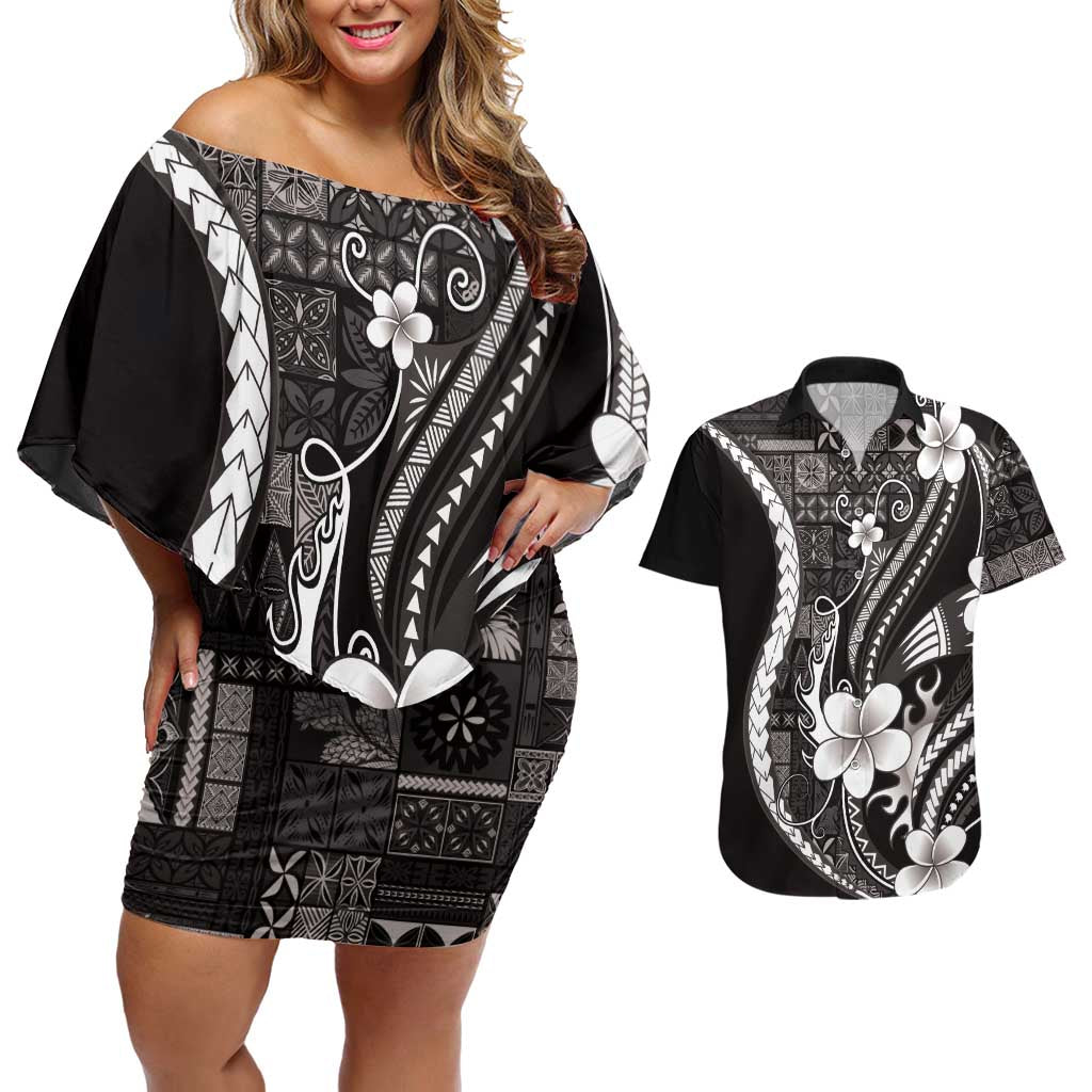 Samoa Siapo Tribal Pattern Couples Matching Off Shoulder Short Dress and Hawaiian Shirt Black Polynesian Plumeria Tapa Motif LT9 Black - Polynesian Pride