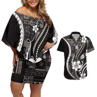 Samoa Siapo Tribal Pattern Couples Matching Off Shoulder Short Dress and Hawaiian Shirt Black Polynesian Plumeria Tapa Motif LT9 Black - Polynesian Pride