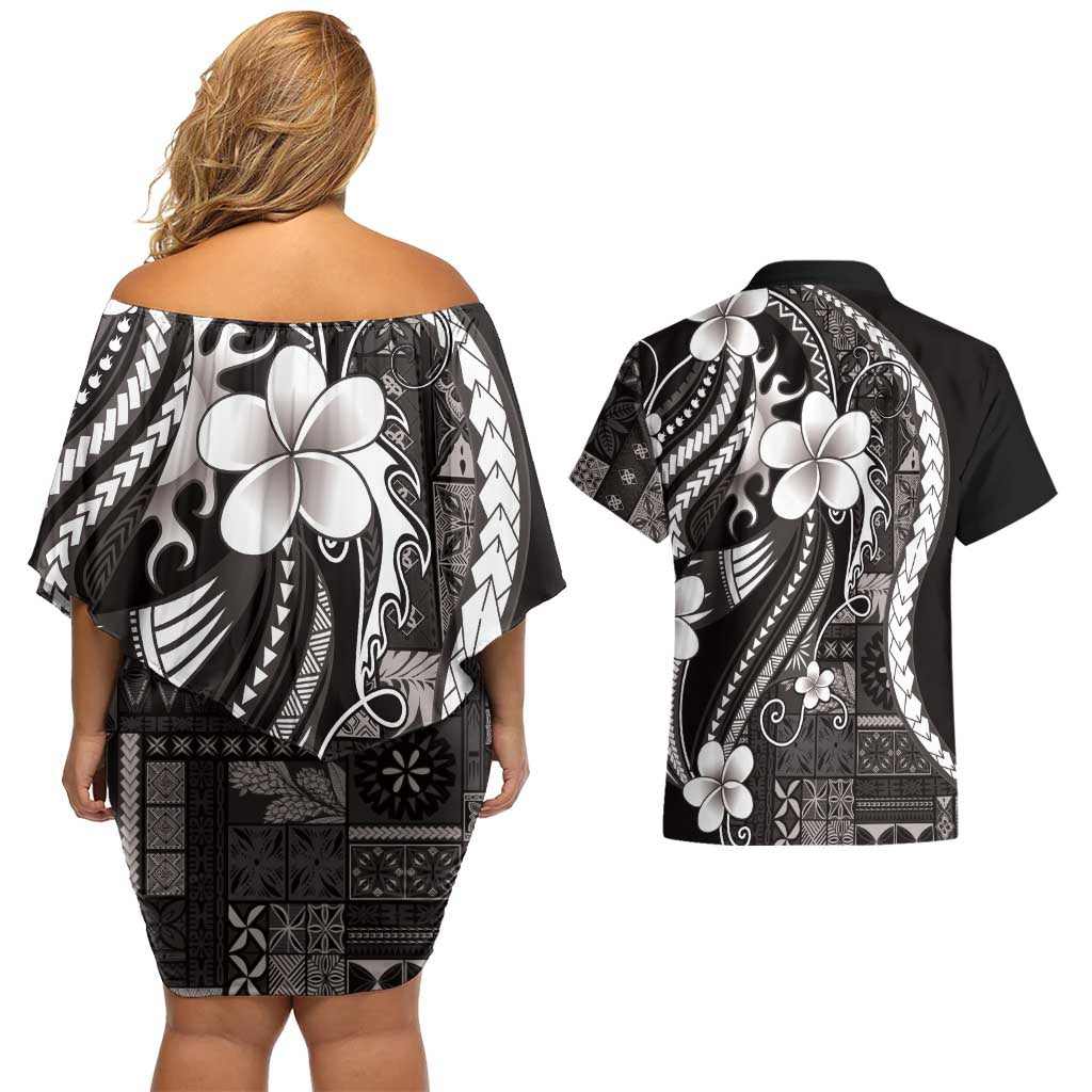 Samoa Siapo Tribal Pattern Couples Matching Off Shoulder Short Dress and Hawaiian Shirt Black Polynesian Plumeria Tapa Motif LT9 - Polynesian Pride