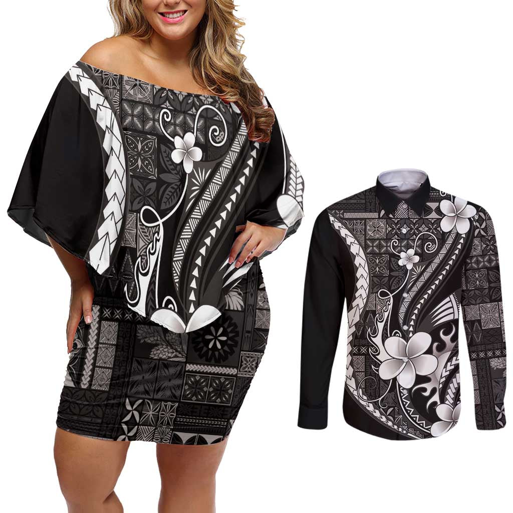 Samoa Siapo Tribal Pattern Couples Matching Off Shoulder Short Dress and Long Sleeve Button Shirt Black Polynesian Plumeria Tapa Motif