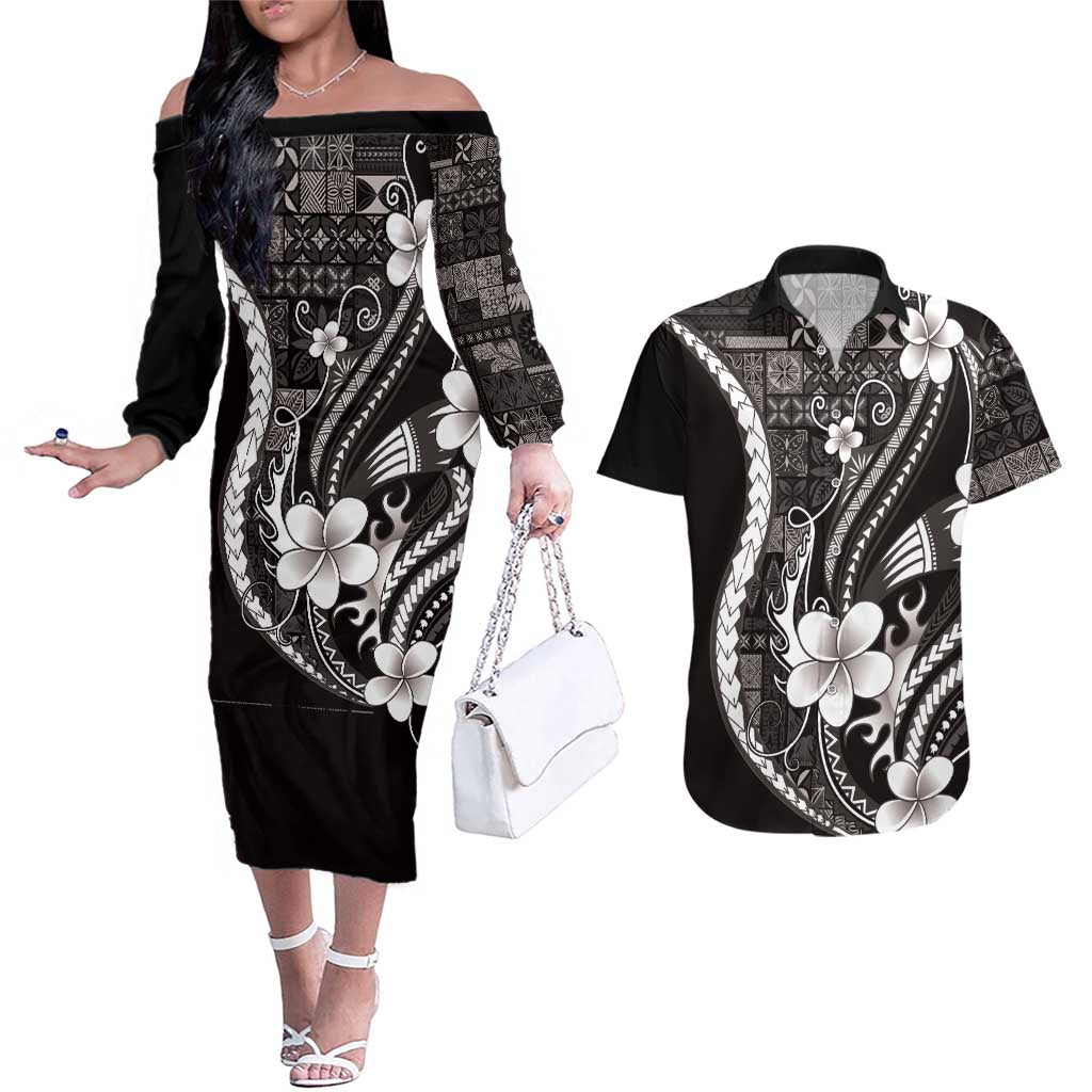 Samoa Siapo Tribal Pattern Couples Matching Off The Shoulder Long Sleeve Dress and Hawaiian Shirt Black Polynesian Plumeria Tapa Motif