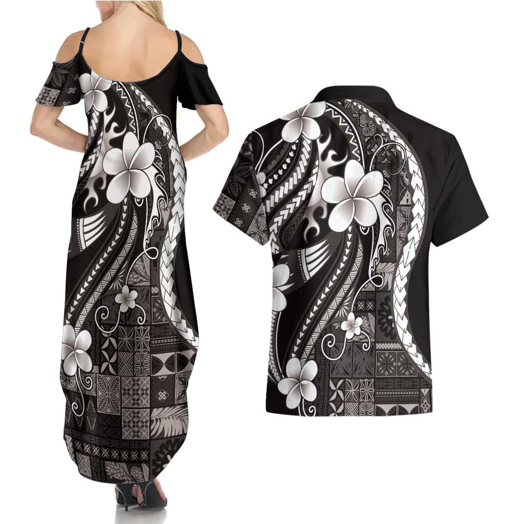 Samoa Siapo Tribal Pattern Couples Matching Summer Maxi Dress and Hawaiian Shirt Black Polynesian Plumeria Tapa Motif