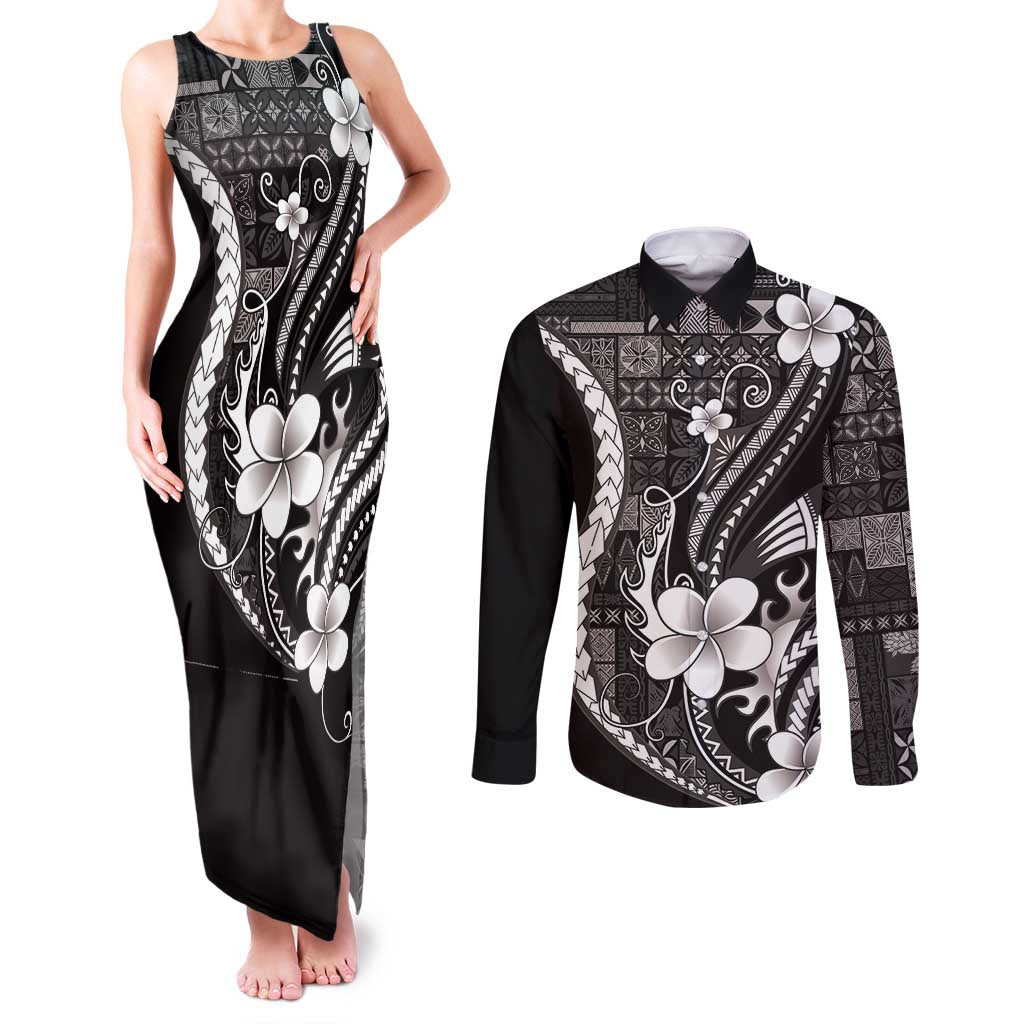 Samoa Siapo Tribal Pattern Couples Matching Tank Maxi Dress and Long Sleeve Button Shirt Black Polynesian Plumeria Tapa Motif