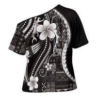 Samoa Siapo Tribal Pattern Cross Shoulder Shirt Black Polynesian Plumeria Tapa Motif