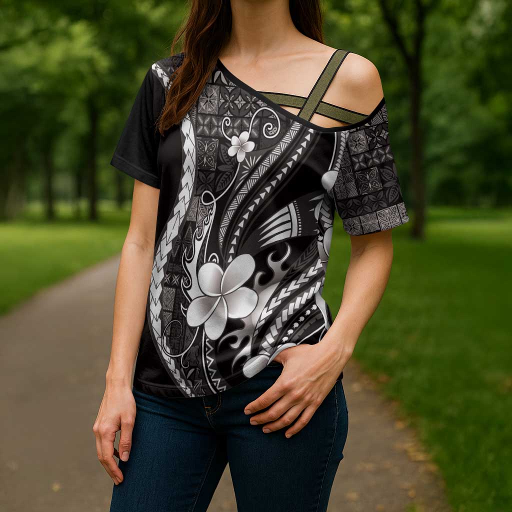 Samoa Siapo Tribal Pattern Cross Shoulder Shirt Black Polynesian Plumeria Tapa Motif