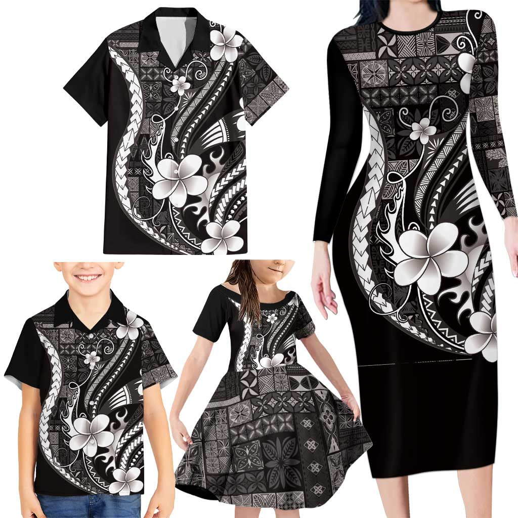 Samoa Siapo Tribal Pattern Family Matching Long Sleeve Bodycon Dress and Hawaiian Shirt Black Polynesian Plumeria Tapa Motif