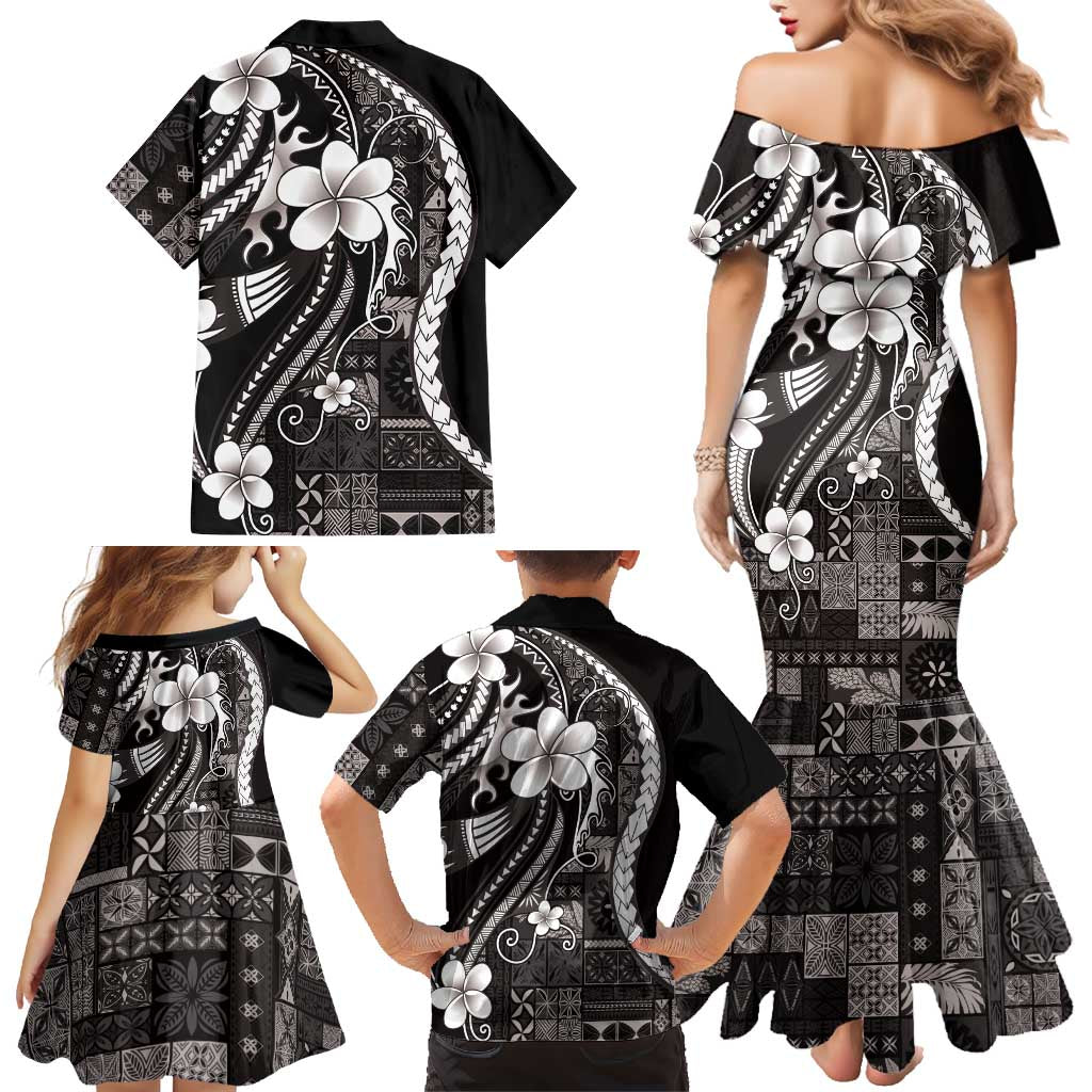 Samoa Siapo Tribal Pattern Family Matching Mermaid Dress and Hawaiian Shirt Black Polynesian Plumeria Tapa Motif