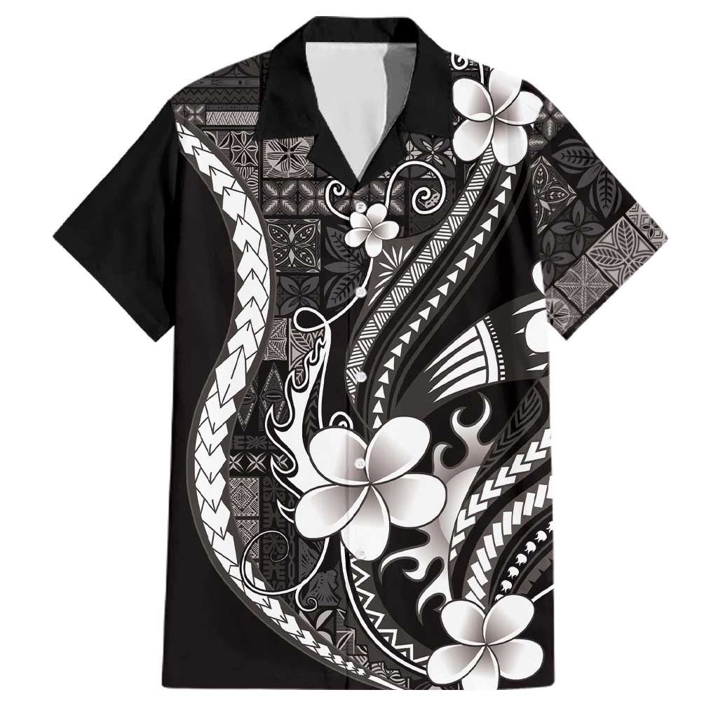 Samoa Siapo Tribal Pattern Family Matching Off Shoulder Maxi Dress and Hawaiian Shirt Black Polynesian Plumeria Tapa Motif