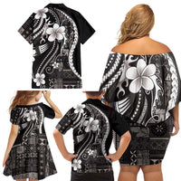 Samoa Siapo Tribal Pattern Family Matching Off Shoulder Short Dress and Hawaiian Shirt Black Polynesian Plumeria Tapa Motif
