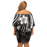 Samoa Siapo Tribal Pattern Family Matching Off Shoulder Short Dress and Hawaiian Shirt Black Polynesian Plumeria Tapa Motif
