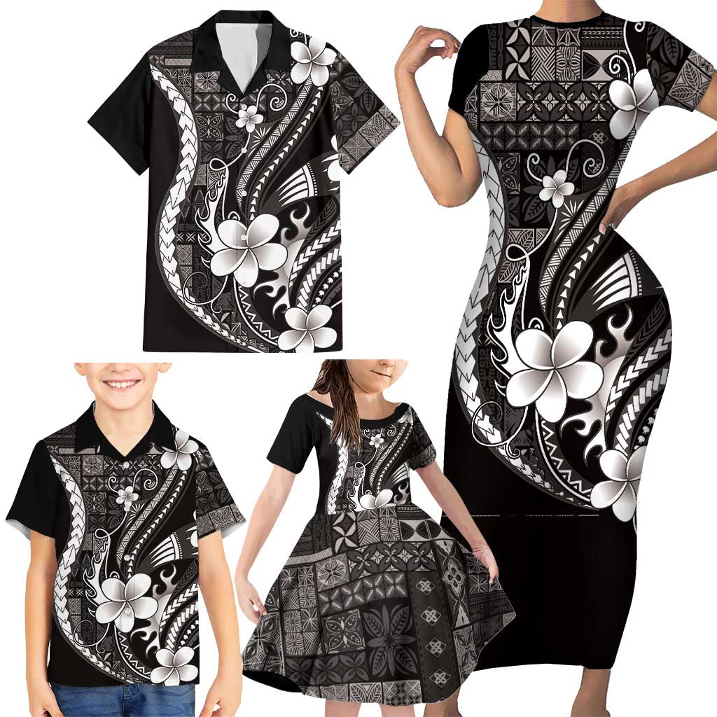 Samoa Siapo Tribal Pattern Family Matching Short Sleeve Bodycon Dress and Hawaiian Shirt Black Polynesian Plumeria Tapa Motif