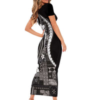 Samoa Siapo Tribal Pattern Family Matching Short Sleeve Bodycon Dress and Hawaiian Shirt Black Polynesian Plumeria Tapa Motif