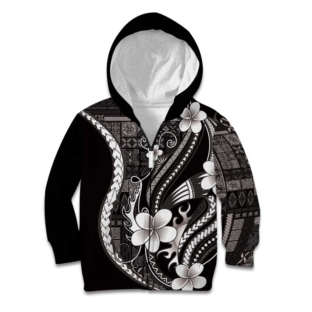 Samoa Siapo Tribal Pattern Kid Hoodie Black Polynesian Plumeria Tapa Motif