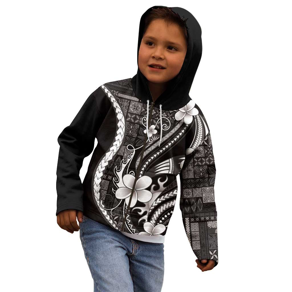 Samoa Siapo Tribal Pattern Kid Hoodie Black Polynesian Plumeria Tapa Motif