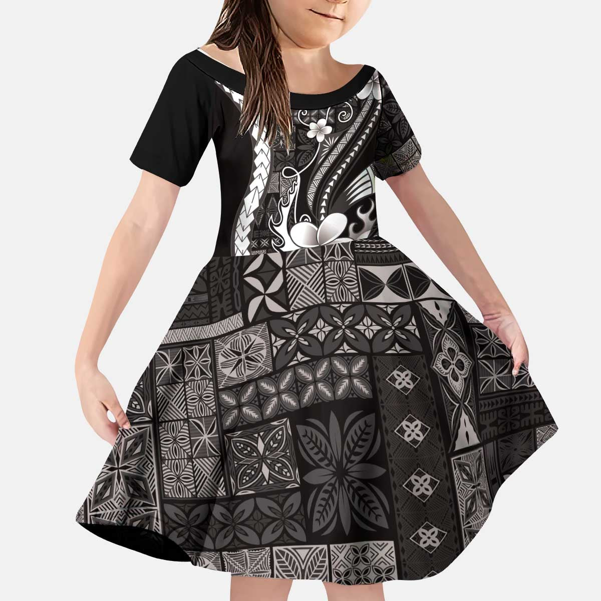 Samoa Siapo Tribal Pattern Kid Short Sleeve Dress Black Polynesian Plumeria Tapa Motif