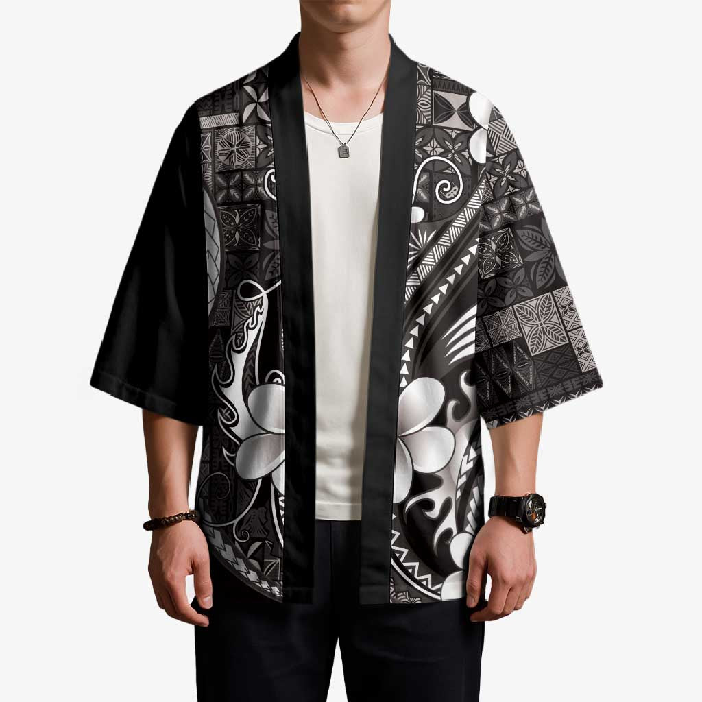 Samoa Siapo Tribal Pattern Kimono Black Polynesian Plumeria Tapa Motif