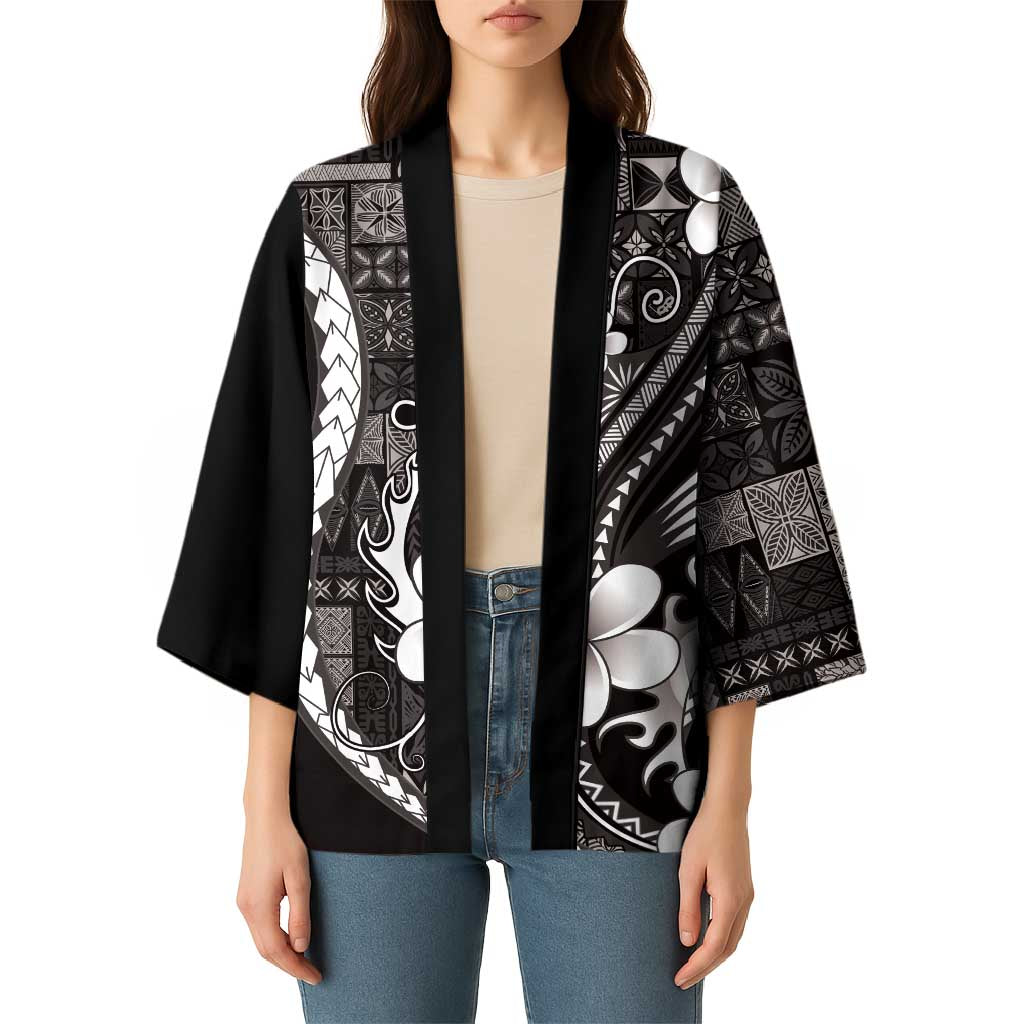 Samoa Siapo Tribal Pattern Kimono Black Polynesian Plumeria Tapa Motif